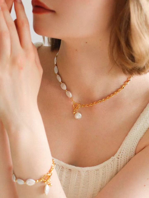 Baroque Pearl Gold Chain Toggle Clasp Necklace & Bracelet