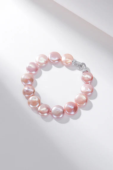 Pink Coin Pearl Bracelet with Cubic Zirconia Clasp