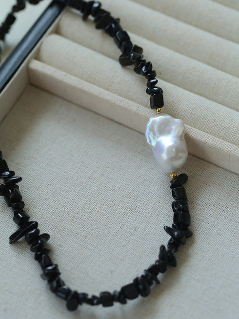 Large Baroque Pearl Black/ Green Gemstone Necklace
