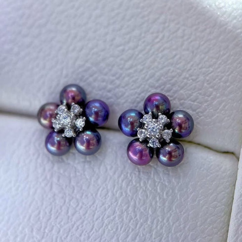 Purple Freshwater Pearl Flower Stud Earrings - Sterling Silver