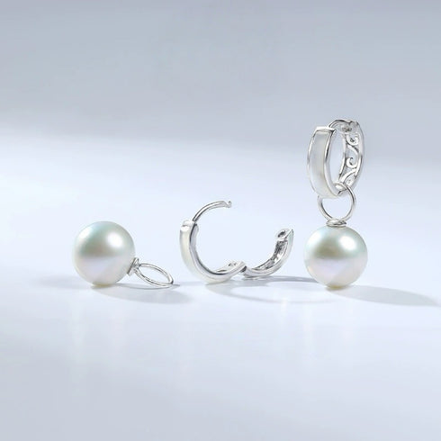 Mother of Pearl Shell Hoop Pearl Drop Earrings - Sterling Silver