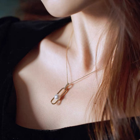 Modern Link Pearl Pendant Necklace - Gold Vermeil