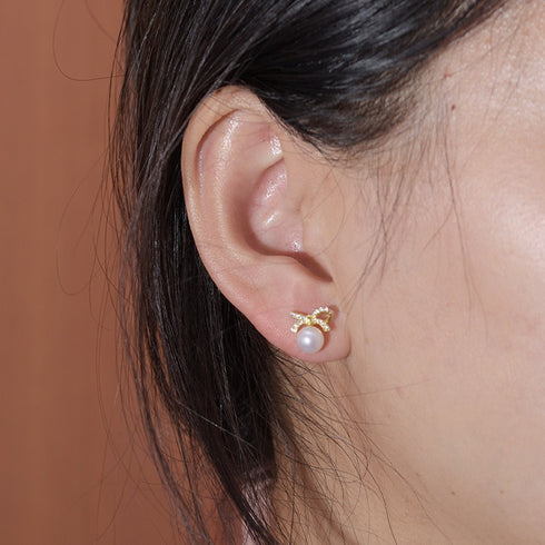 Gold Bow Pearl Stud Earrings – Gold Vermeil