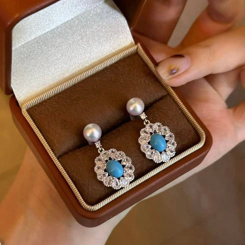 Elegant Oval Zirconia Blue Turquoise Pearl Earrings