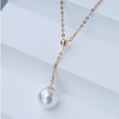 White Akoya Pearl Y-Shaped Pendant Gold Necklace - 18K Solid Gold