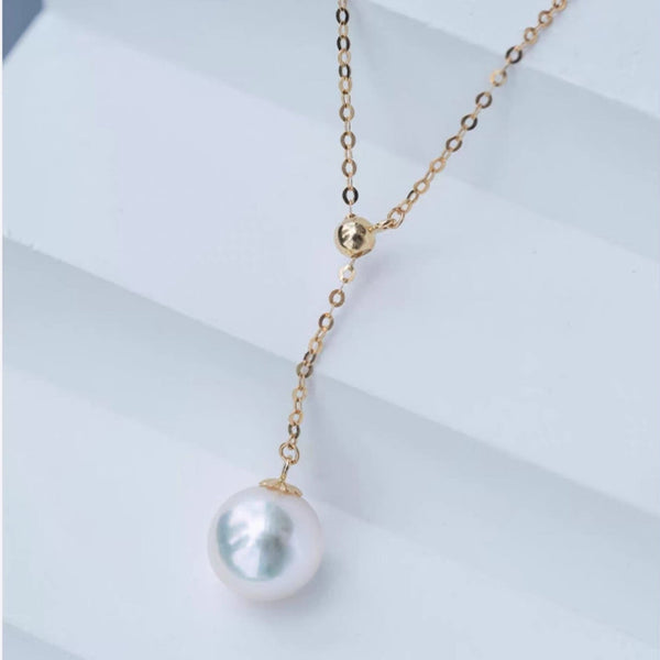 White Akoya Pearl Y-Shaped Pendant Gold Necklace - 18K Solid Gold