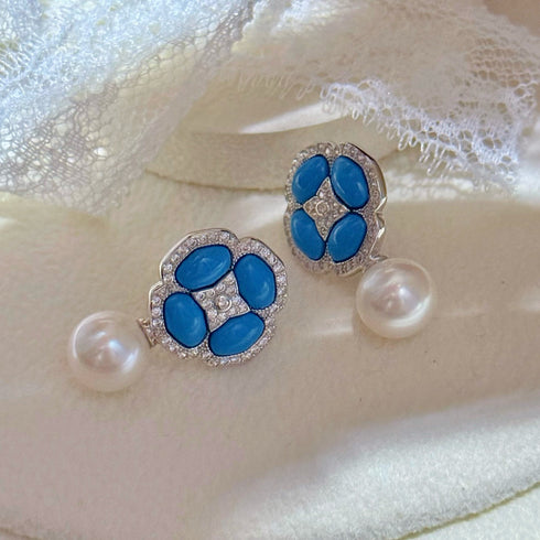 Floral Blue Turquoise Pearl Drop Earrings