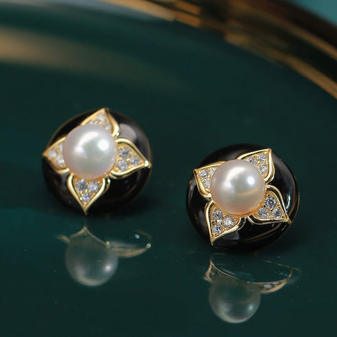 Vintage Black Floral Pearl Stud Earrings / Ring / Necklace – Sterling Silver / Gold Vermeil