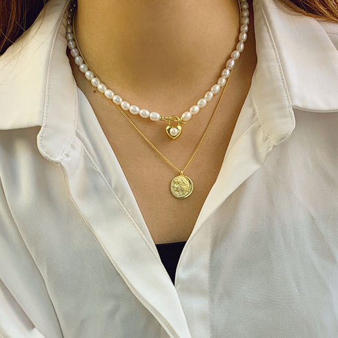 Heart Lock Rice Pearl Collar Necklace