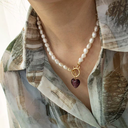 Colorful Heart & Square Pendant Baroque Pearl Necklace