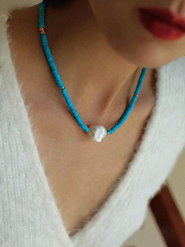 Large Baroque Pearl Blue Gemstone Necklace