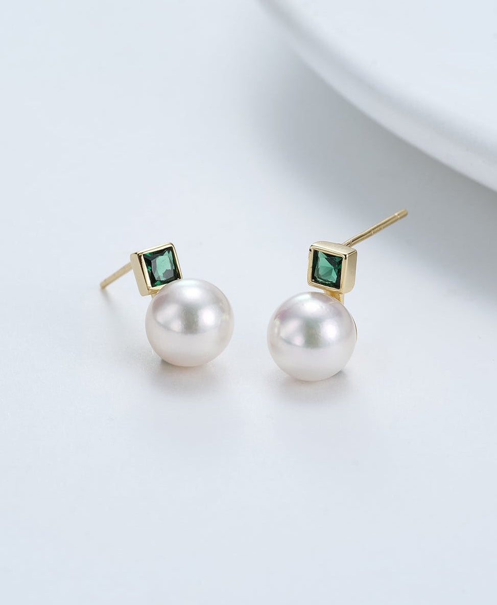 7–8mm White Akoya Pearl Green Gemstone Necklace & Earring Set - Earrings made with hand-selected pearls from House of Pearls