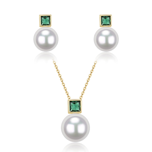 7–8mm White Akoya Pearl Green Gemstone Necklace & Earring Set - Earrings made with hand-selected pearls from House of Pearls