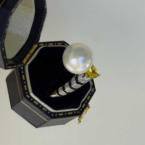 Luxury Vintage Yellow Zirconia Pearl Open Ring – Sterling Silver