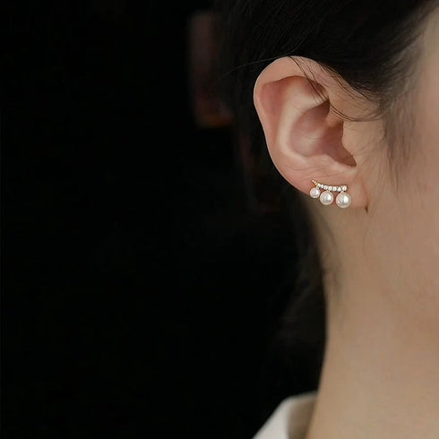 Crescent Moon Pearl Gradient Stud Earrings - Gold Plated