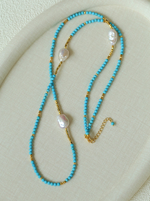 Turquoise and Baroque Pearl Layered Long Necklace - Coastal Elegance