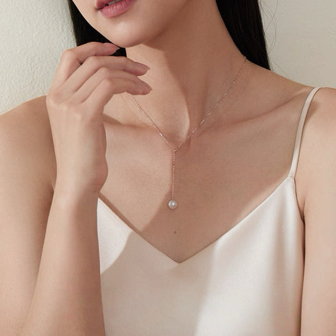 White Akoya Pearl Y-Shaped Pendant Gold Necklace - 18K Solid Gold