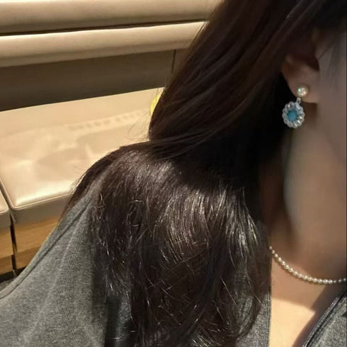 Elegant Oval Zirconia Blue Turquoise Pearl Earrings