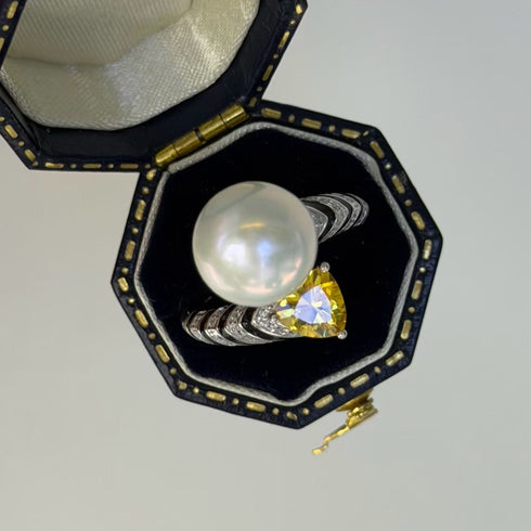 Luxury Vintage Yellow Zirconia Pearl Open Ring – Sterling Silver