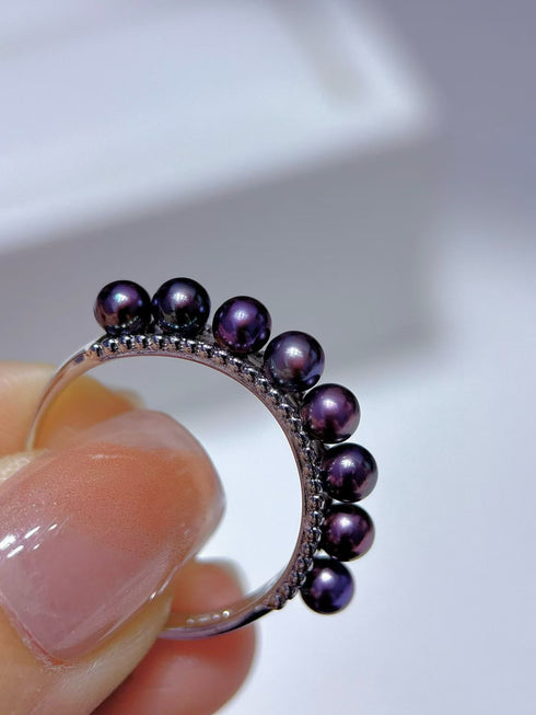 Purple Freshwater Pearl Beaded Open Ring - Sterling Silver