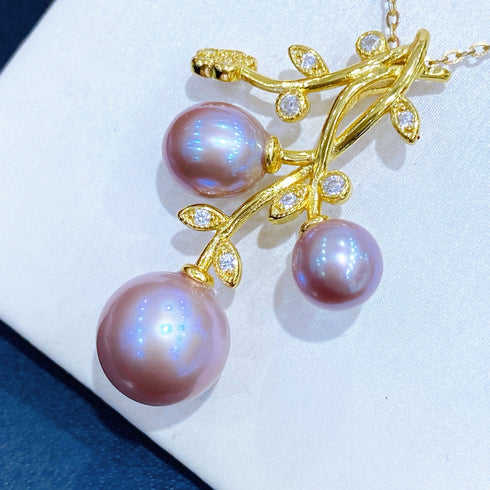 Floral Branch Purple Baroque Pearl Pendant - Gold Vermeil