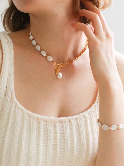 Baroque Pearl Gold Chain Toggle Clasp Necklace & Bracelet