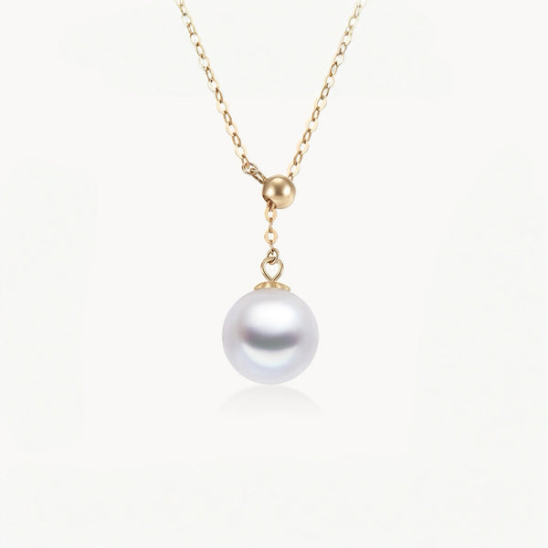 White Akoya Pearl Y-Shaped Pendant Gold Necklace - 18K Solid Gold