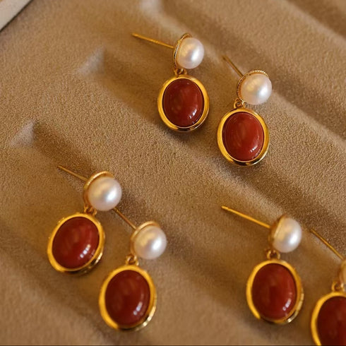 Red Agate Pearl Drop Earrings