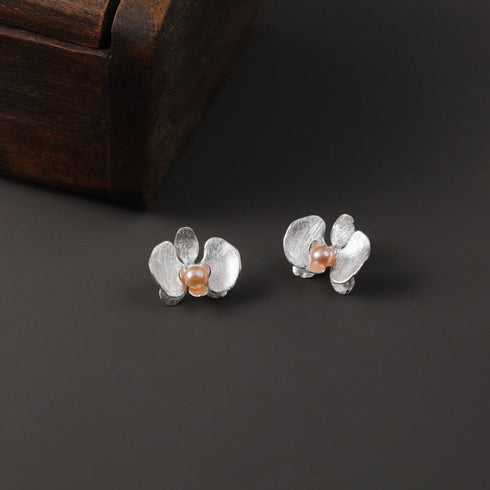 Butterfly Orchid Pearl Stud Earrings - Sterling Silver / Gold Vermeil