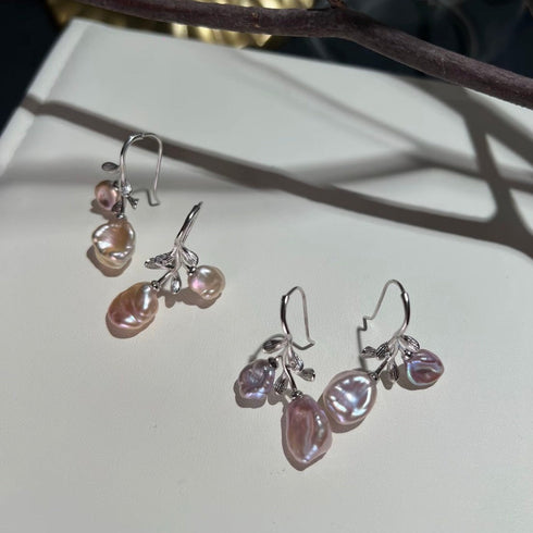 Petal Baroque Pearl Flower Hook Earrings - Sterling Silver