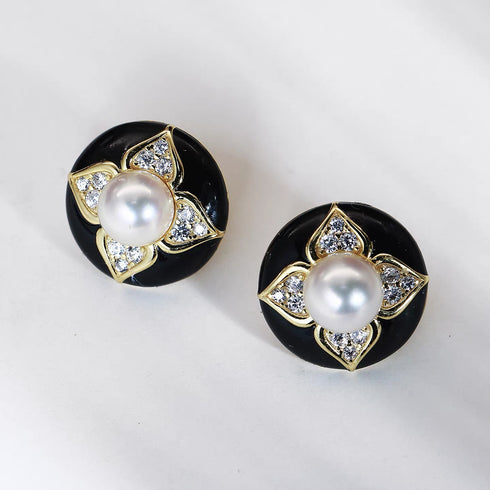 Vintage Black Floral Pearl Stud Earrings / Ring / Necklace – Sterling Silver / Gold Vermeil
