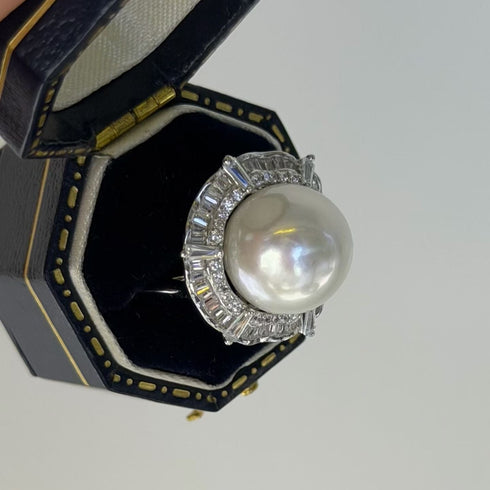 Luxury Zirconia Halo Pearl Open Ring – Sterling Silver