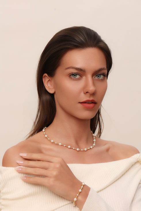 Pearl Gold Bead Necklace & Bracelet Set