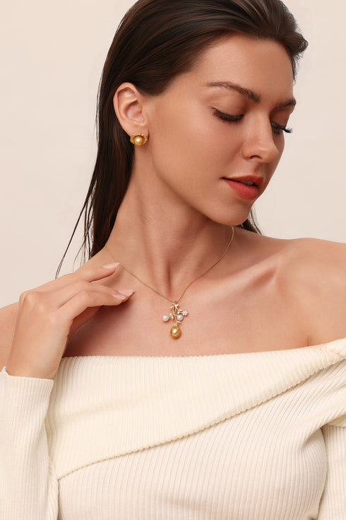 Sunflower Golden Pearl Stud Earrings