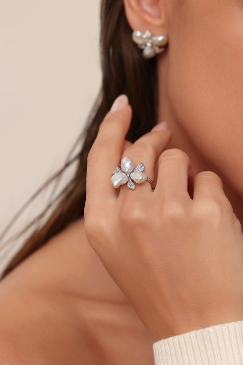 Keshi Silver Blue Freshwater Pearl Flower Petal Earrings and Ring (Purchase Individually)