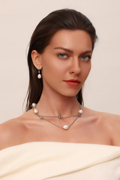 32-Inch Large Baroque Freshwater Pearl Silver Circle Links Necklace