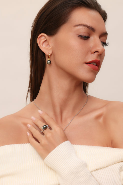 Fluid Wave Tahitian Black Pearl Ring - Sterling Silver