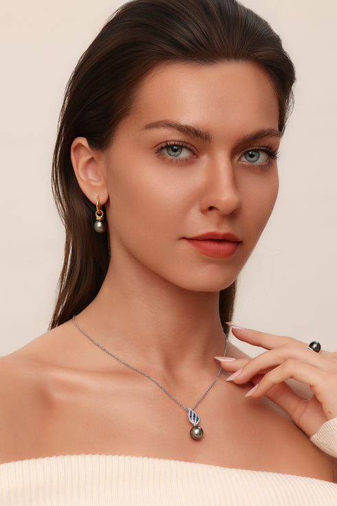 Sapphire Leaf Tahitian Black Pearl Pendant