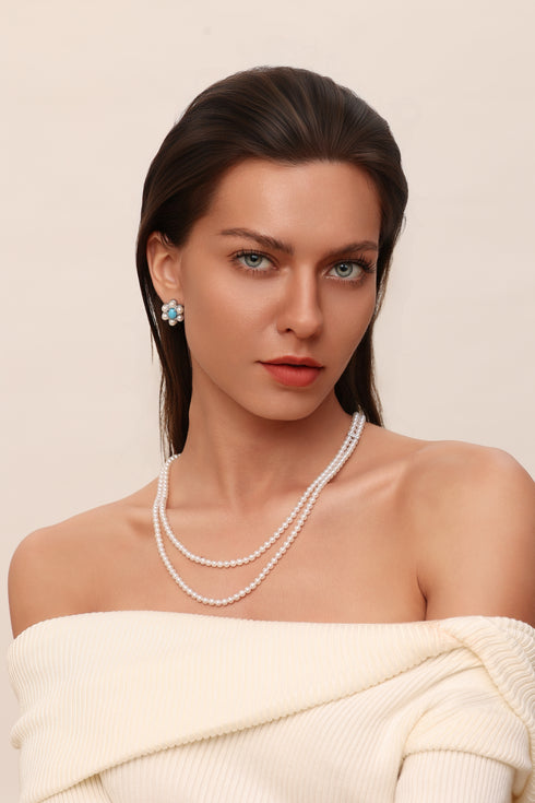 Floral Blue Turquoise Pearl Stud Earrings