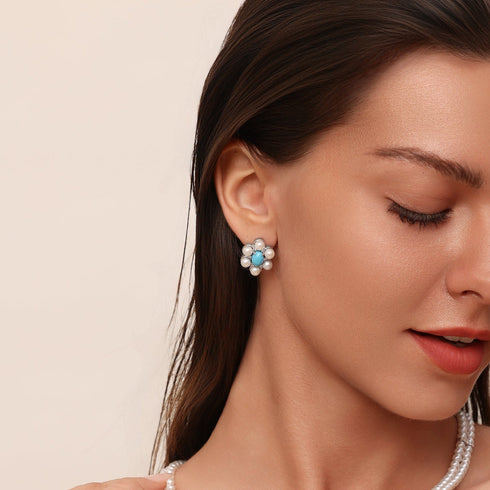 Floral Blue Turquoise Pearl Stud Earrings