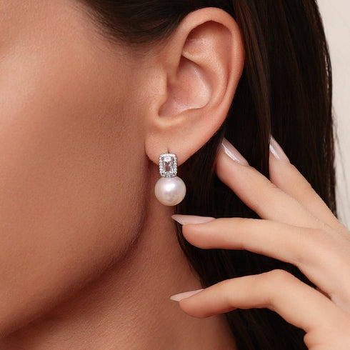 11-12mm Freshwater Pearl Rectangular Zircon Stud Earrings