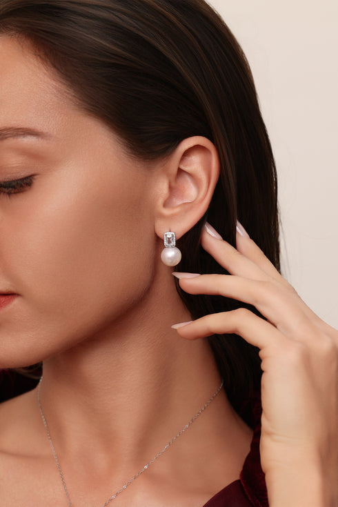 11-12mm Freshwater Pearl Rectangular Zircon Stud Earrings