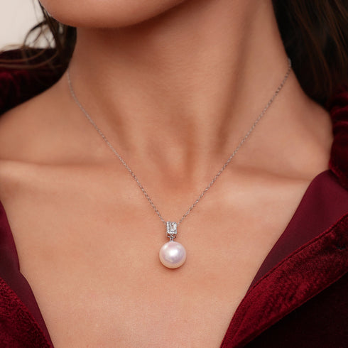 12–13mm Freshwater Pearl Geometric Zircon Pendant Necklace