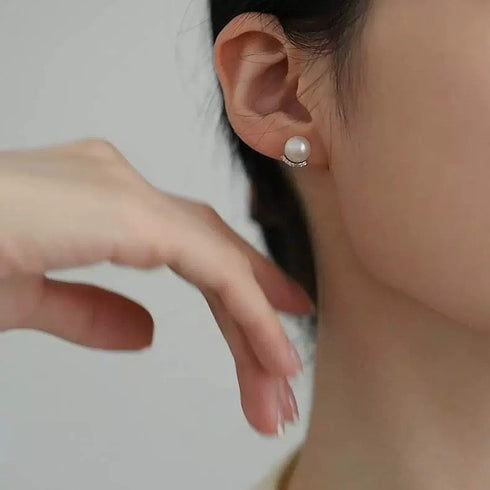 Zirconia Line Freshwater Pearl Stud Earrings