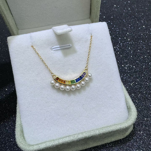 Freshwater Pearl Rainbow Zirconia Necklace
