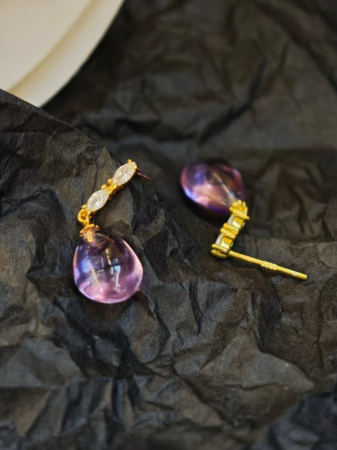 Purple Crystal Teardrop Earrings - Gold Vermeil