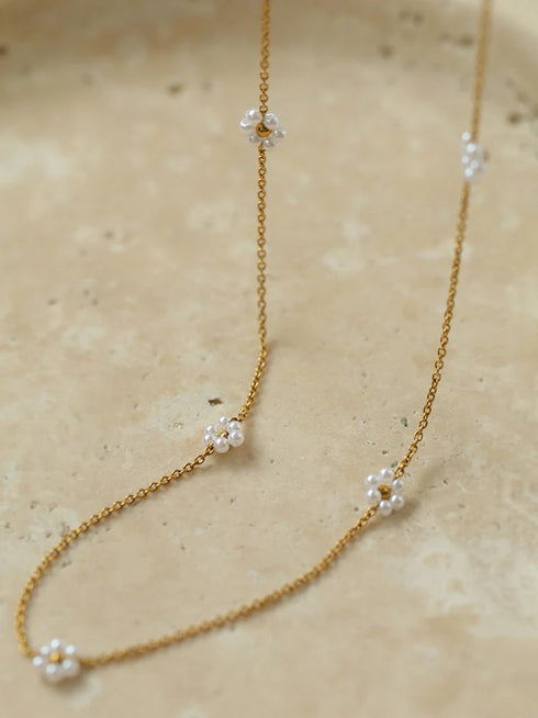 Dainty Floral Pearl Necklace - 18K Gold Vermeil