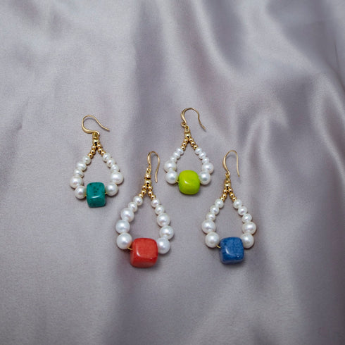 Colorful Cube Teardrop Pearl Earrings – Rustic Elegance