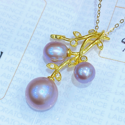 Floral Branch Purple Baroque Pearl Pendant - Gold Vermeil