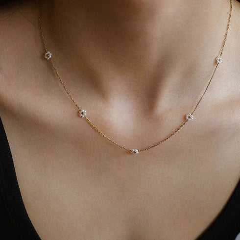 Dainty Floral Pearl Necklace - 18K Gold Vermeil